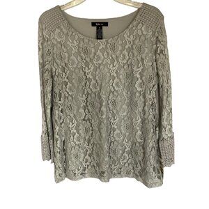 Style & Co NWT Blouse Long Sleeve Gray Lace Overlay Pullover Women's Size Medium